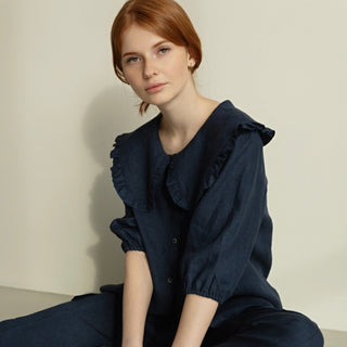 'March" Linen Blouse with Round Oversized Collar in Denim Blue