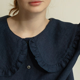 'March" Linen Blouse with Round Oversized Collar in Denim Blue