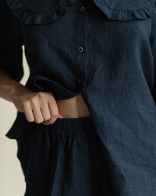 Linen Cargo Pants with Pockets and Elastic Waist in Denim Blue