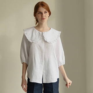 'March" Linen Shirt with Round Oversized Collar in White