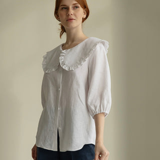 White linen shirt with oversized round collar