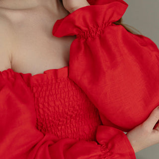 'Odesa' Linen Off The Shoulder Dress in Red