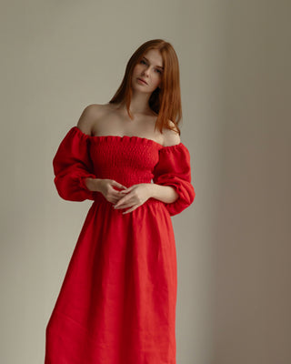 'Odesa' Linen Off The Shoulder Dress in Red