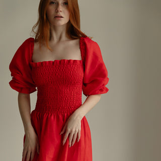 'Odesa' Linen Off The Shoulder Dress in Red