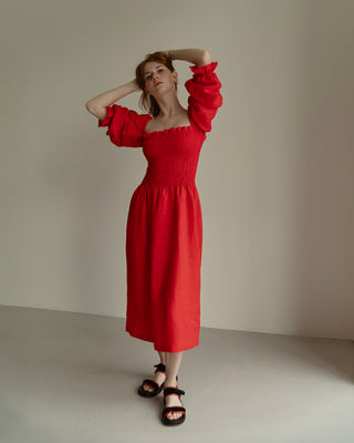 'Odesa' Linen Off The Shoulder Dress in Red