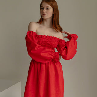 Red linen off the shoulder midi dress