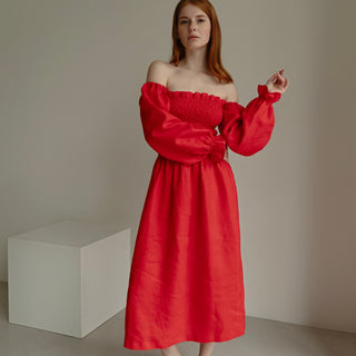 Off the shoulder red linen midi summer dress