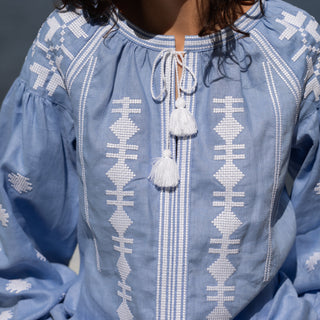 ‘Palermo’ Linen Embroidered Vyshyvanka Shirt in Light Blue