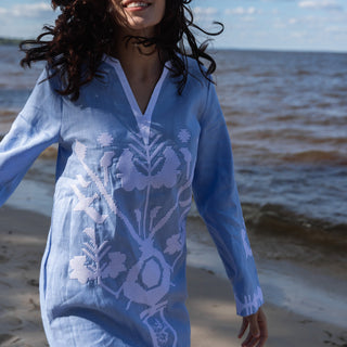 'Dimitra' Linen Embroidered Kaftan Dress Light Blue