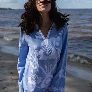 'Dimitra' Linen Embroidered Kaftan Dress Light Blue