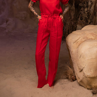 'September' Wide Leg Paper Bag Linen Pants in Red