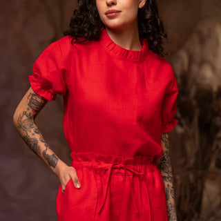 'August' Linen Top with Short Puffed Sleeves in Red