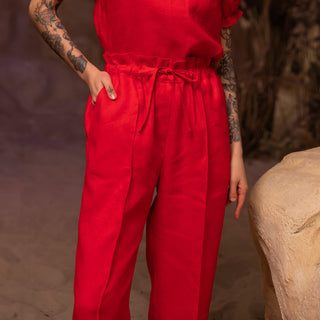 'September' Wide Leg Paper Bag Linen Pants in Red