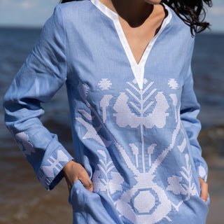 'Dimitra' Linen Embroidered Kaftan Dress Light Blue