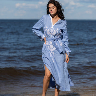 'Dimitra' Linen Embroidered Kaftan Dress Light Blue