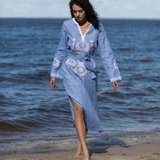 'Dimitra' Linen Embroidered Kaftan Dress Light Blue