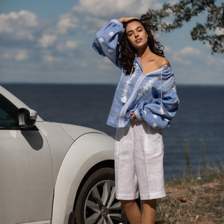 ‘Palermo’ Linen Embroidered Vyshyvanka Shirt in Light Blue