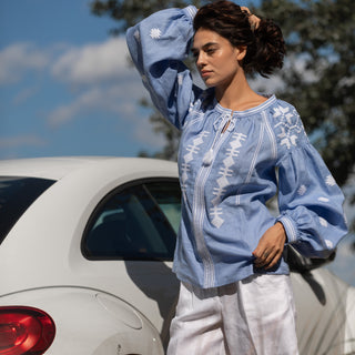 ‘Palermo’ Linen Embroidered Vyshyvanka Shirt in Light Blue