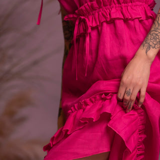 'Alexandra' Linen Midi Dress with Frills in Fuchsia