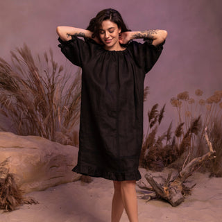 'Zeffir' Linen Midi Dress with Open Back in Black