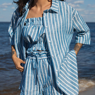 'Palma' Striped Oversized Linen Shirt with Short Sleeves