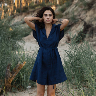 'Lara' Linen Oversized Jumpsuit in Navy Blue