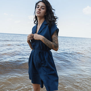 'Lara' Linen Oversized Jumpsuit in Navy Blue