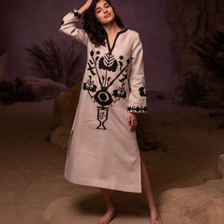 'Dimitra' Linen Embroidered Kaftan Dress in Grey