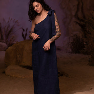 'Venice' One Shoulder Linen Maxi Dress in Dark Blue Jean