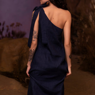 'Venice' One Shoulder Linen Maxi Dress in Dark Blue Jean