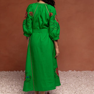 'Ksenya" Linen Embroidered Vyshyvanka Dress in Garden Green