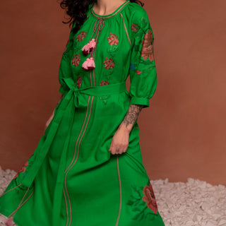 'Ksenya" Linen Embroidered Vyshyvanka Dress in Garden Green