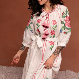 'Ksenya" Linen Embroidered Vyshyvanka Dress in White