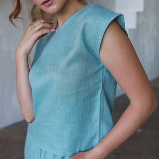 Side view light green linen sleeveless top