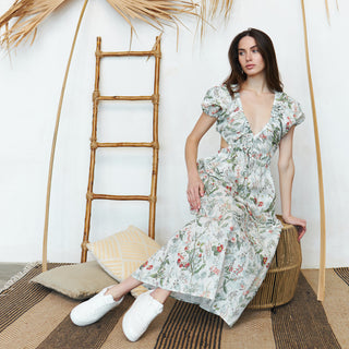 Linen summer midi dress with open back