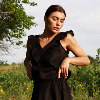 Black Linen sleeveless summer top with V-neck and frill detail