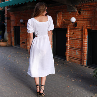 Back view white linen midi dress