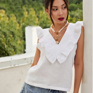 Linen top with frill and V-neck