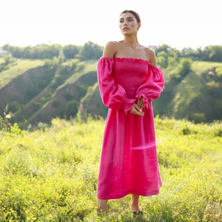 Off the shoulder linen hot pink dress