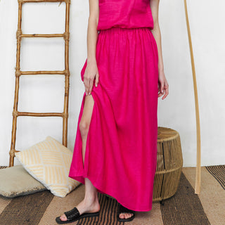 Fuchsia hot pink linen maxi skirt with side spits