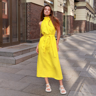 Yellow linen sleeveless maxi dress 