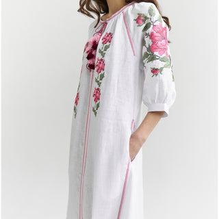 Sleeve details white linen embroidered dress