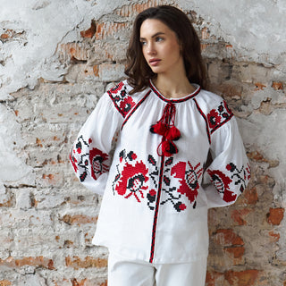 White linen shirt with floral embroidery