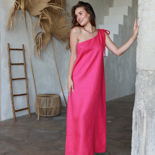 Hot pink one shoulder linen dress