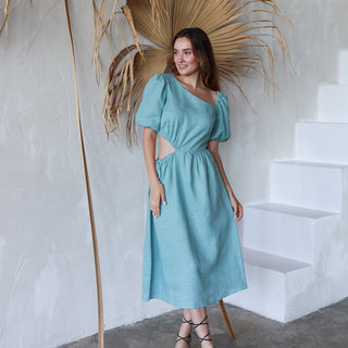Cyan linen midi dress with side cut out details