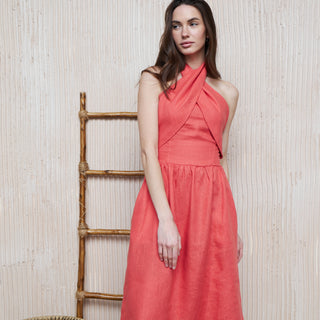 Coral pink linen midi dress