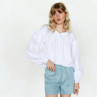 Linen boho chic embroidered shirt in white