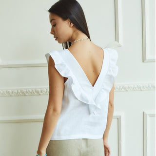 Back view white linen top with frill
