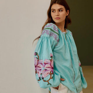 Linen embroidered boho chic shirt in mint colour