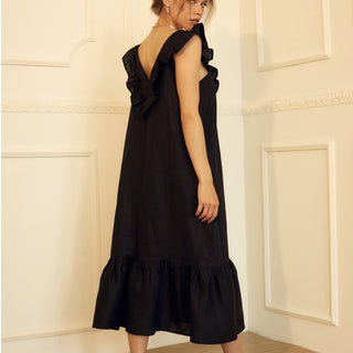 Back view black linen frilled midi dress